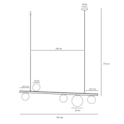 Hanglamp Garda 5, balk, metaal, glas, zwart, 5-lamps.