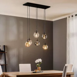 Hanglamp Glassy, 6-lamps, grafiet/amber/helder, glas, 75 cm