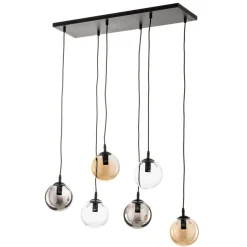 Hanglamp Glassy, 6-lamps, grafiet/amber/helder, glas, 75 cm