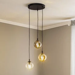 Hanglamp Glassy, 3-lamps, rond, grafiet/amber/helder, glas