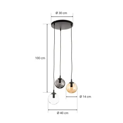 Hanglamp Glassy, 3-lamps, rond, grafiet/amber/helder, glas
