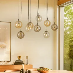 Hanglamp Glassy, 9-lamps, zwart, grafiet/amber/helder, E14