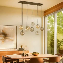 Hanglamp Glassy, 9-lamps, zwart, grafiet/amber/helder, E14