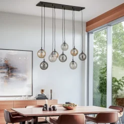 Hanglamp Glassy, 9-lamps, zwart, grafiet/amber/helder, E14