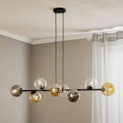 Hanglamp Glassy, 8-lamps, zwart, grafiet/amber/helder
