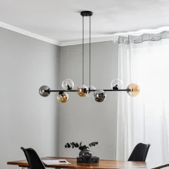 Hanglamp Glassy, 8-lamps, zwart, grafiet/amber/helder