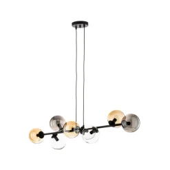 Hanglamp Glassy, 8-lamps, zwart, grafiet/amber/helder