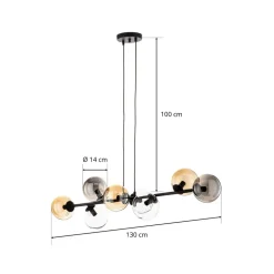 Hanglamp Glassy, 8-lamps, zwart, grafiet/amber/helder