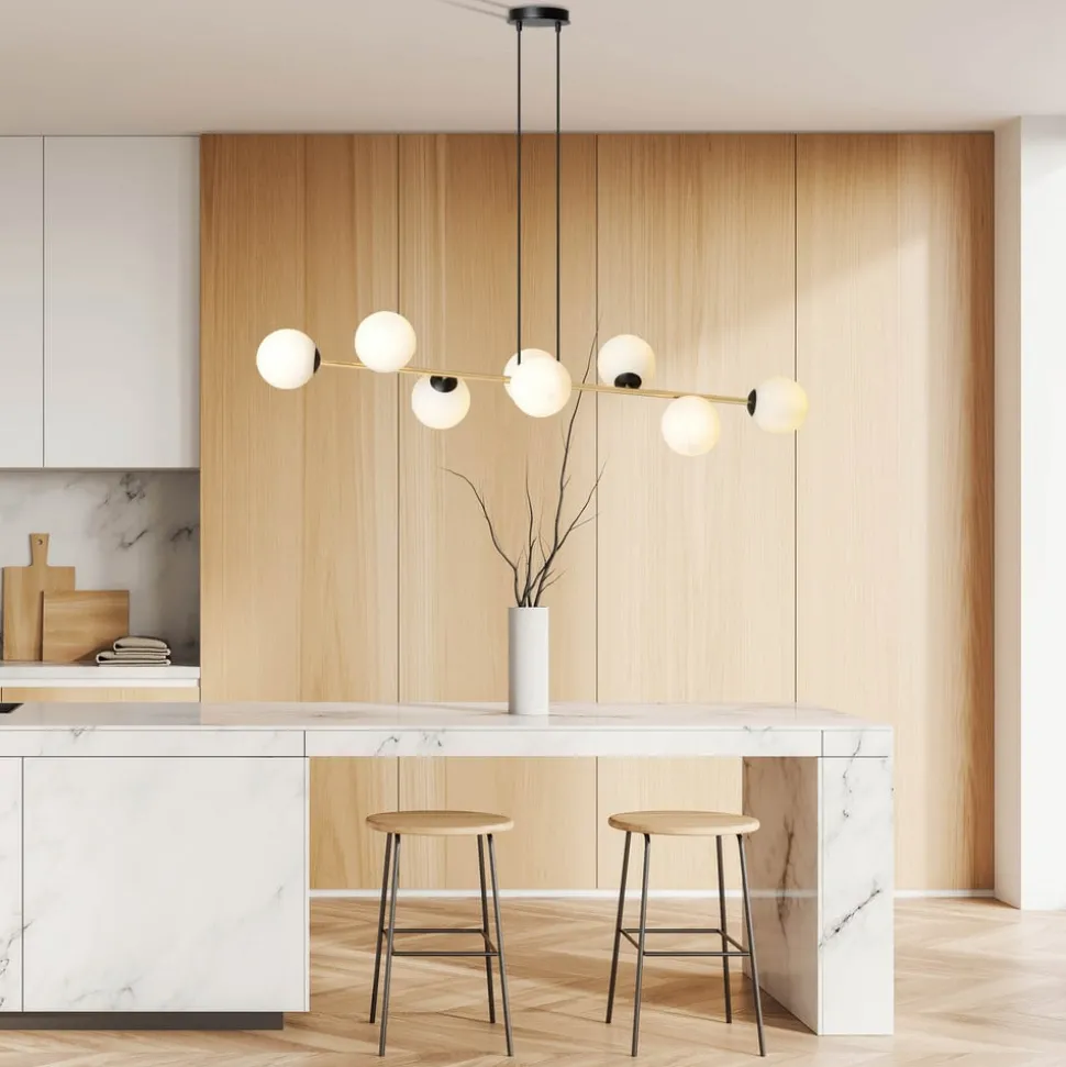 Hanglamp Glassy, 8-lamps, zwart/goud/opaal