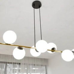 Hanglamp Glassy, 8-lamps, zwart/goud/opaal