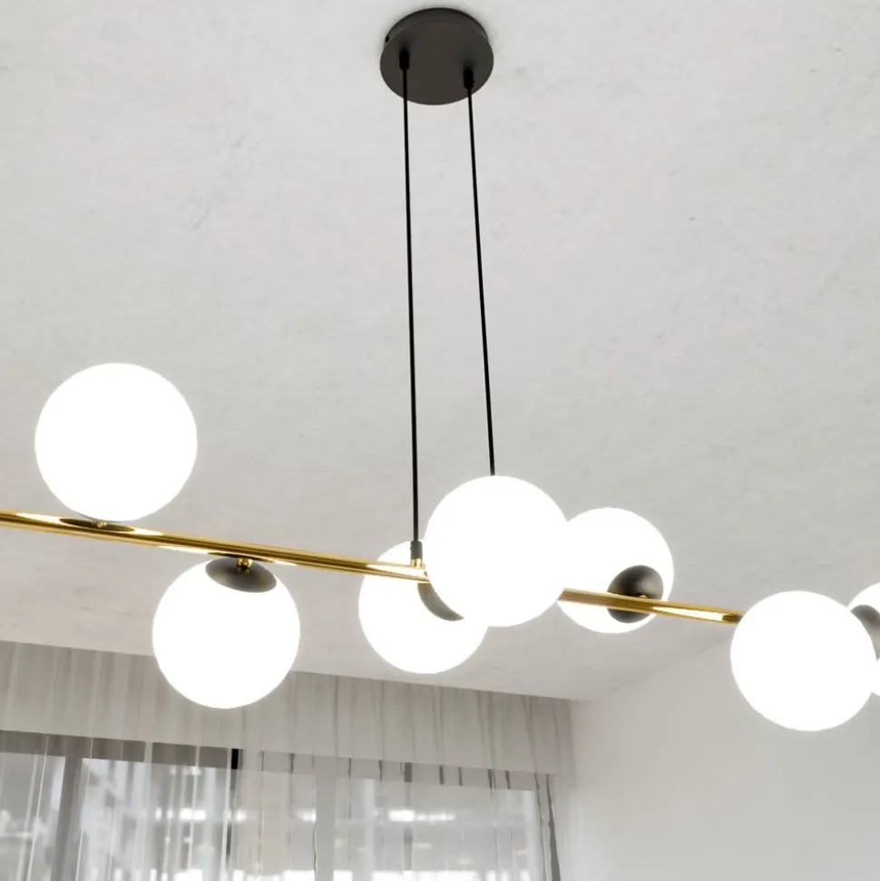 Hanglamp Glassy, 8-lamps, zwart/goud/opaal