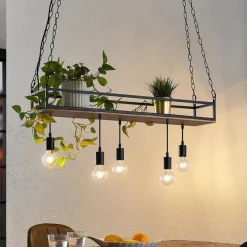 Hanglamp Kirista, 5-lamps, zwart, hout, 100 cm