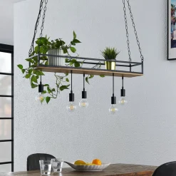 Hanglamp Kirista, 5-lamps, zwart, hout, 100 cm