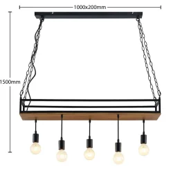 Hanglamp Kirista, 5-lamps, zwart, hout, 100 cm