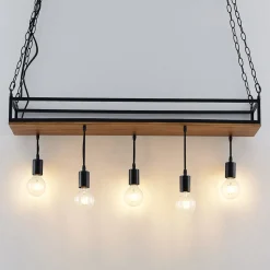 Hanglamp Kirista, 5-lamps, zwart, hout, 100 cm