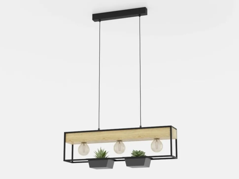 Hanglamp Libertad 1, lengte 76 cm, zwart/hout, 3-lamps.