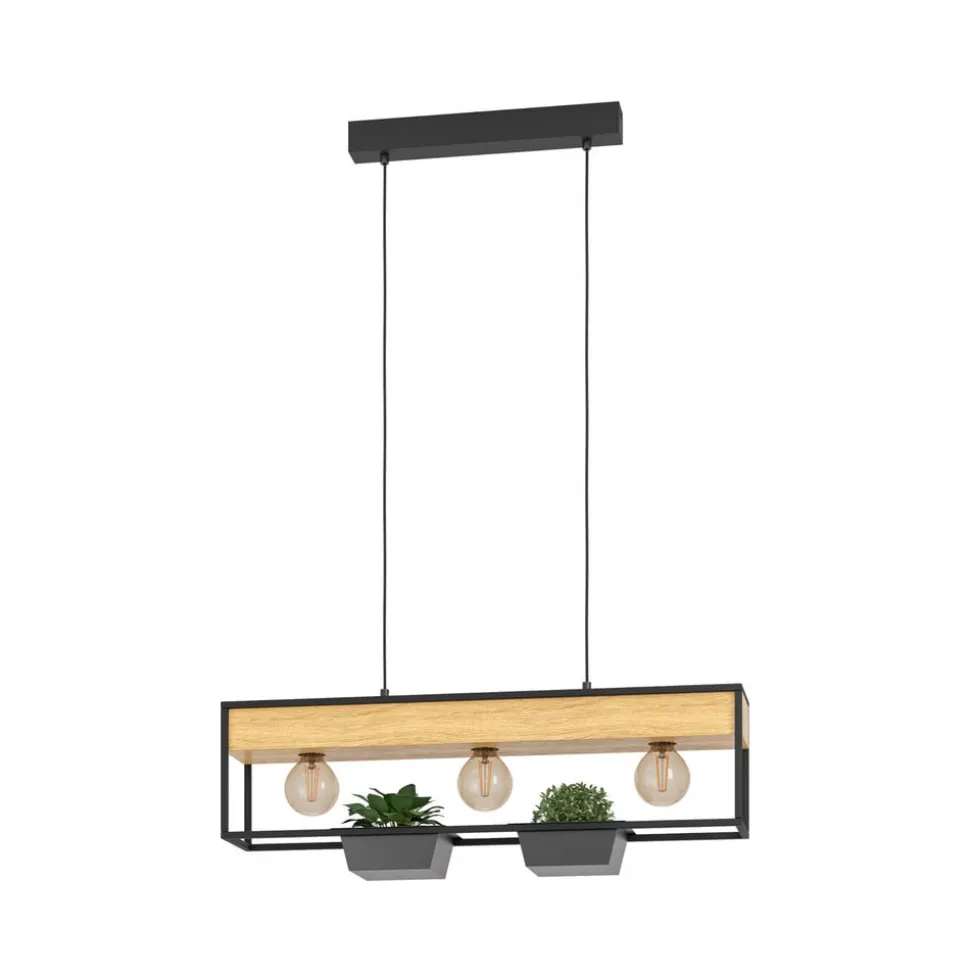 Hanglamp Libertad 1, lengte 76 cm, zwart/hout, 3-lamps.