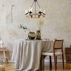 Hanglamp Lila met houten ring, rond, 6-lamps