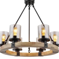 Hanglamp Lila met houten ring, rond, 6-lamps