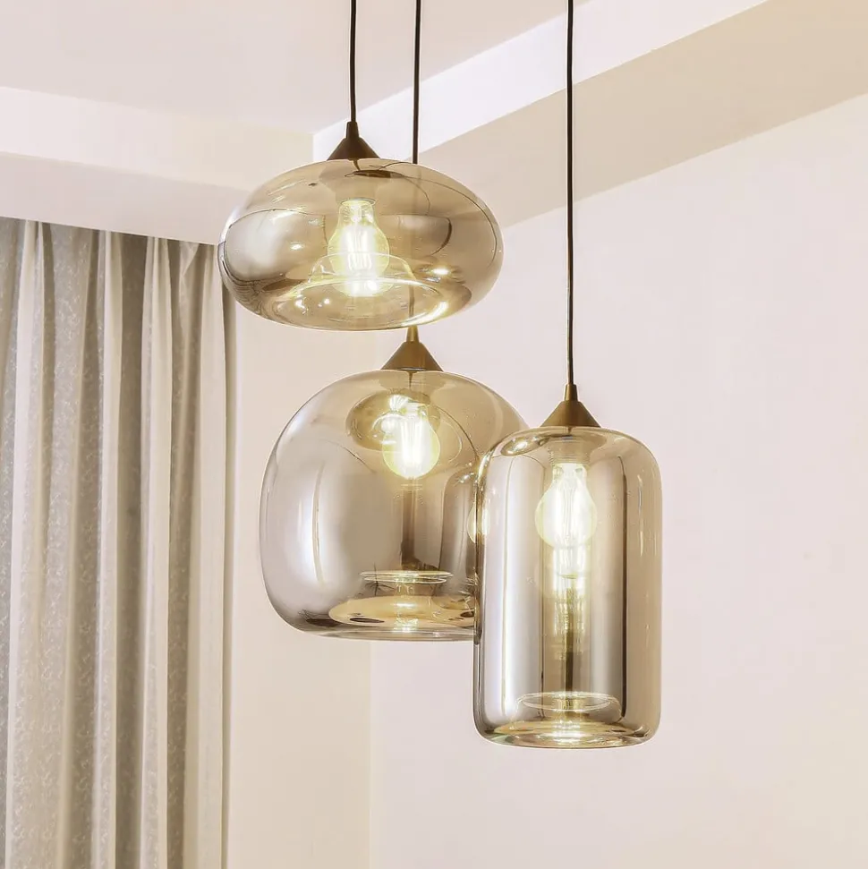 Hanglamp Lindby Marla, rond, glas, rookgrijs, 50 cm