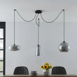 Hanglamp Lucande Zyli, 3-lamps, rookgrijs, glas