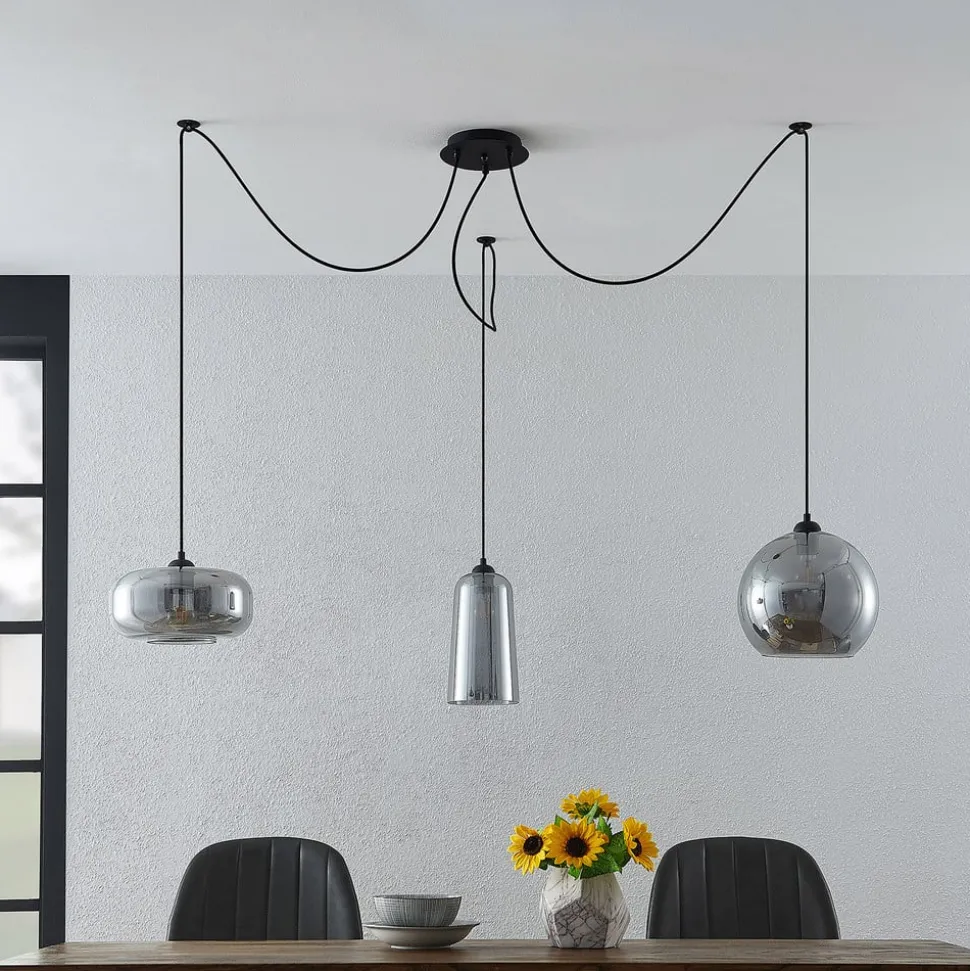 Hanglamp Lucande Zyli, 3-lamps, rookgrijs, glas