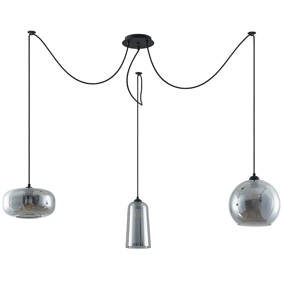 Hanglamp Lucande Zyli, 3-lamps, rookgrijs, glas