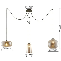 Hanglamp Lucande Zyli, 3-lamps, rookgrijs, glas