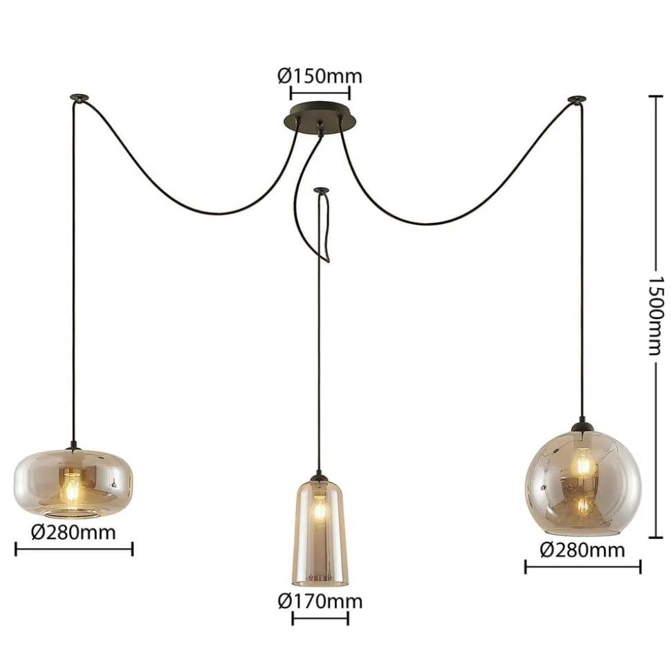 Hanglamp Lucande Zyli, 3-lamps, rookgrijs, glas
