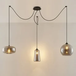 Hanglamp Lucande Zyli, 3-lamps, rookgrijs, glas