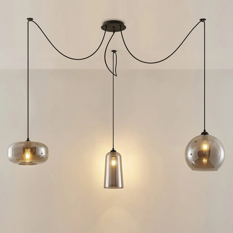 Hanglamp Lucande Zyli, 3-lamps, rookgrijs, glas