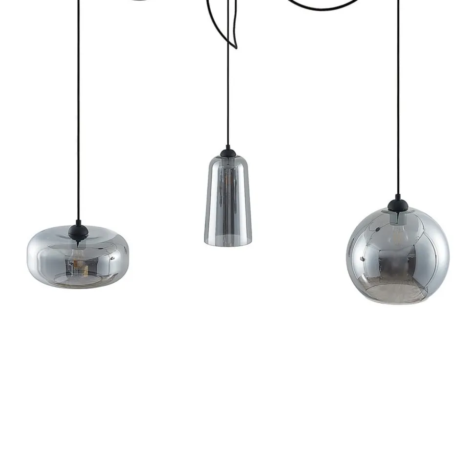 Hanglamp Lucande Zyli, 3-lamps, rookgrijs, glas