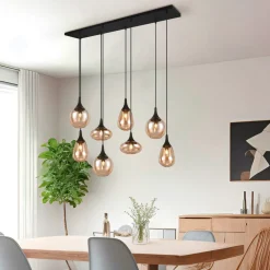 Hanglamp LUMINA, 8-lamps, zwart/oranje, glas