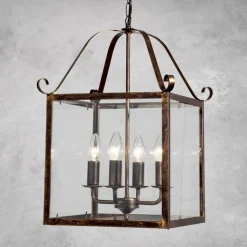 Hanglamp Manto, hoekig, goud antiek, 4-lamps
