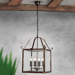 Hanglamp Manto, hoekig, goud antiek, 4-lamps