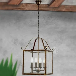 Hanglamp Manto, hoekig, goud antiek, 4-lamps
