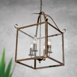 Hanglamp Manto, hoekig, goud antiek, 4-lamps