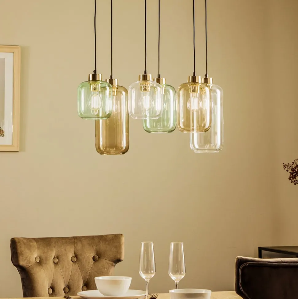 Hanglamp Marco Green, 6-lamps helder/groen/bruin