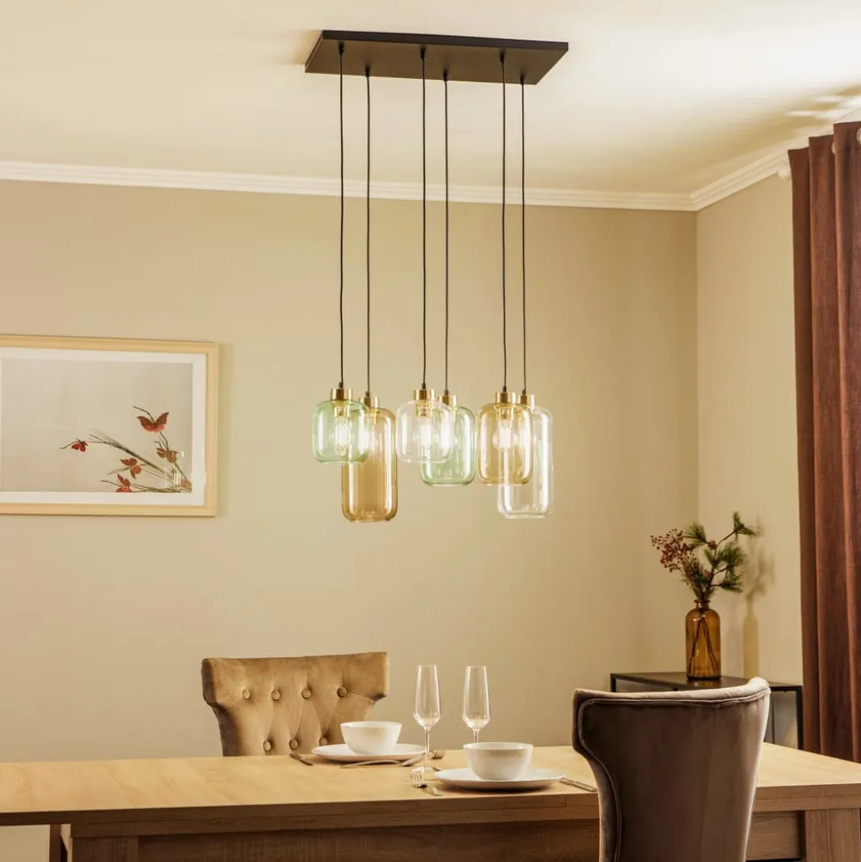 Hanglamp Marco Green, 6-lamps helder/groen/bruin