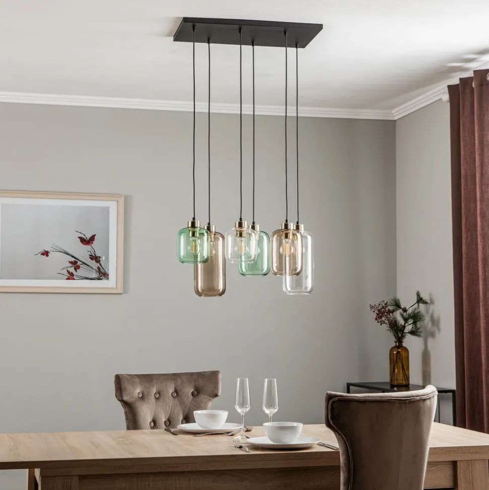 Hanglamp Marco Green, 6-lamps helder/groen/bruin