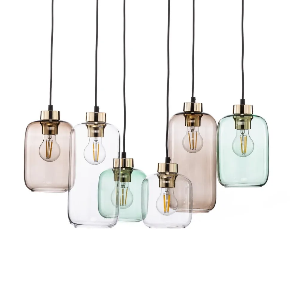 Hanglamp Marco Green, 6-lamps helder/groen/bruin