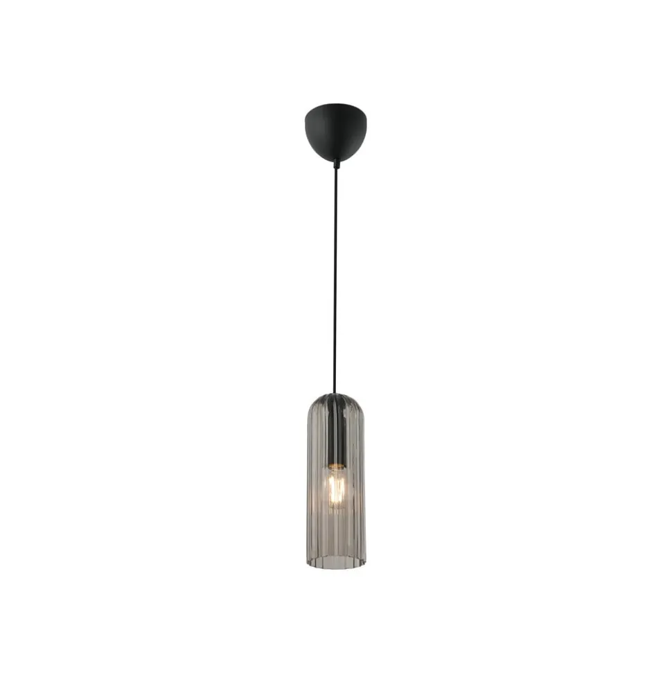 Hanglamp Miella, geribbeld glas, rookgrijs/zwart