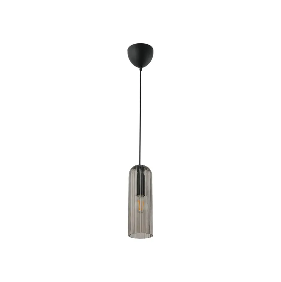 Hanglamp Miella, geribbeld glas, rookgrijs/zwart