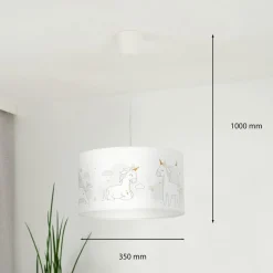 Hanglamp Mila, Ø 35 cm, wit, stof, eenhoorns, E27
