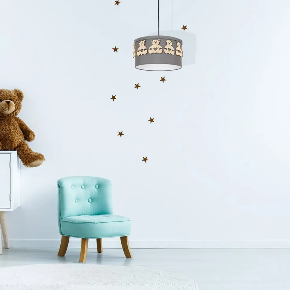 Hanglamp Mis, grijs met houten beren, 1-lamp