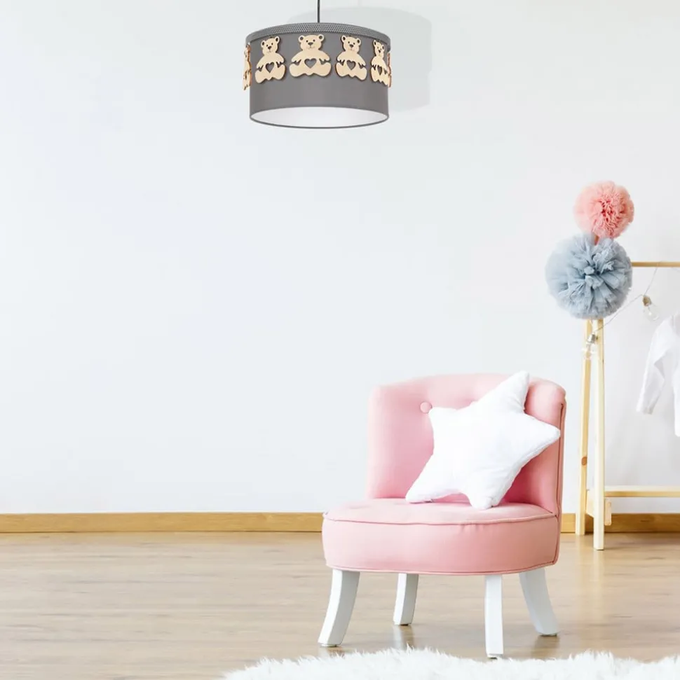 Hanglamp Mis, grijs met houten beren, 1-lamp