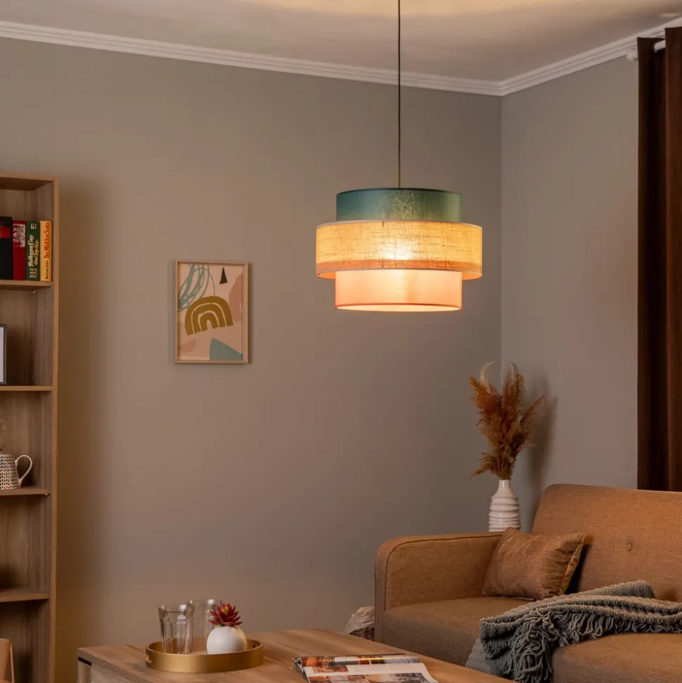 Hanglamp Trio, jute kap, petrol/natuurbruin/oranje Ø 50cm