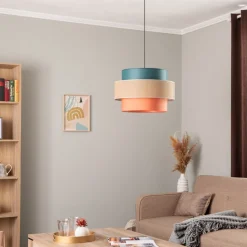 Hanglamp Trio, jute kap, petrol/natuurbruin/oranje Ø 50cm