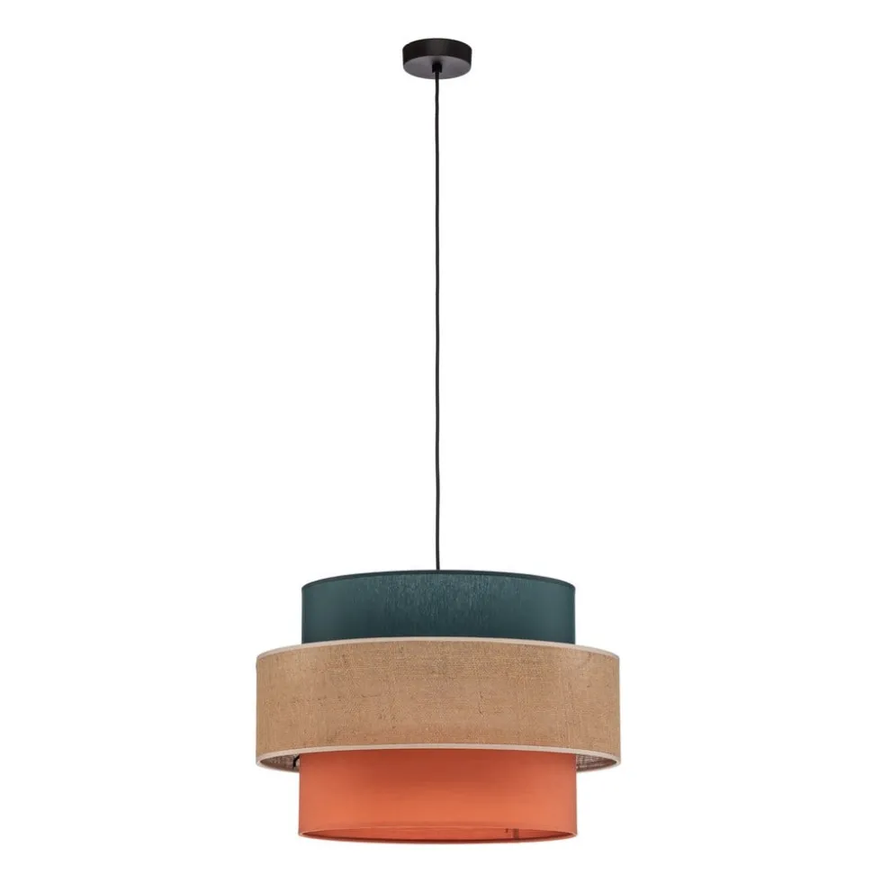 Hanglamp Trio, jute kap, petrol/natuurbruin/oranje Ø 50cm