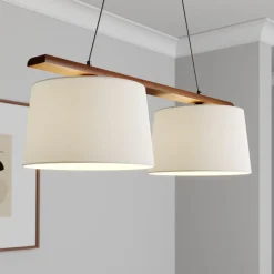 Hanglamp Zweden, antiek wit, textiel, walnoot, 2-lamps